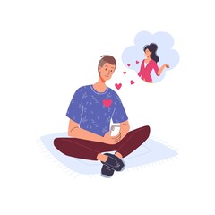 Vector cartoon flat lover characters couple.Young people in love chat,communicate mobile,think of each other-saint Valentine Day postcard,greeting card design,web online banner decor,social concept