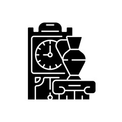 Antiques black glyph icon. Collectible objects. Selling old and vintage items. Antique furniture. Old clocks. Age, rarity, condition. Silhouette symbol on white space. Vector isolated illustration