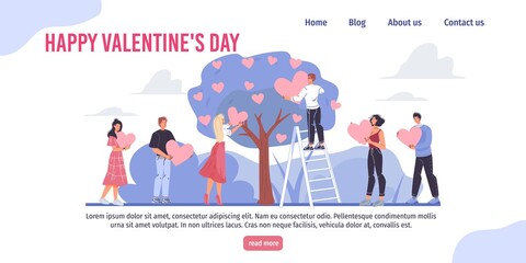 Vector cartoon flat characters,Valentine Day greeting card design.Happy loving man woman hang love metaphor heart symbols on tree-February 14 web online landing page,banner decor,social media concept