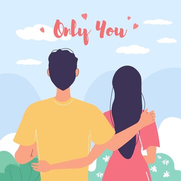 Vector cartoon flat character couple,saint Valentine Day greeting card design.Young man woman in love on date outdoors in park-February 14 text card,web online banner decor-emotions,social concept