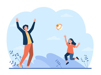 Happy girl playing with father in volleyball. Fun, dad, kid flat vector illustration. Sport game and activity concept for banner, website design or landing web page