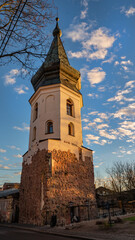 Fototapeta na wymiar View of the city hall tower in the old part of Vyborg.