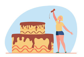 Happy tiny woman glazing cake with chocolate. Sweet, party, food flat vector illustration. Desserts and decoration concept for banner, website design or landing web page