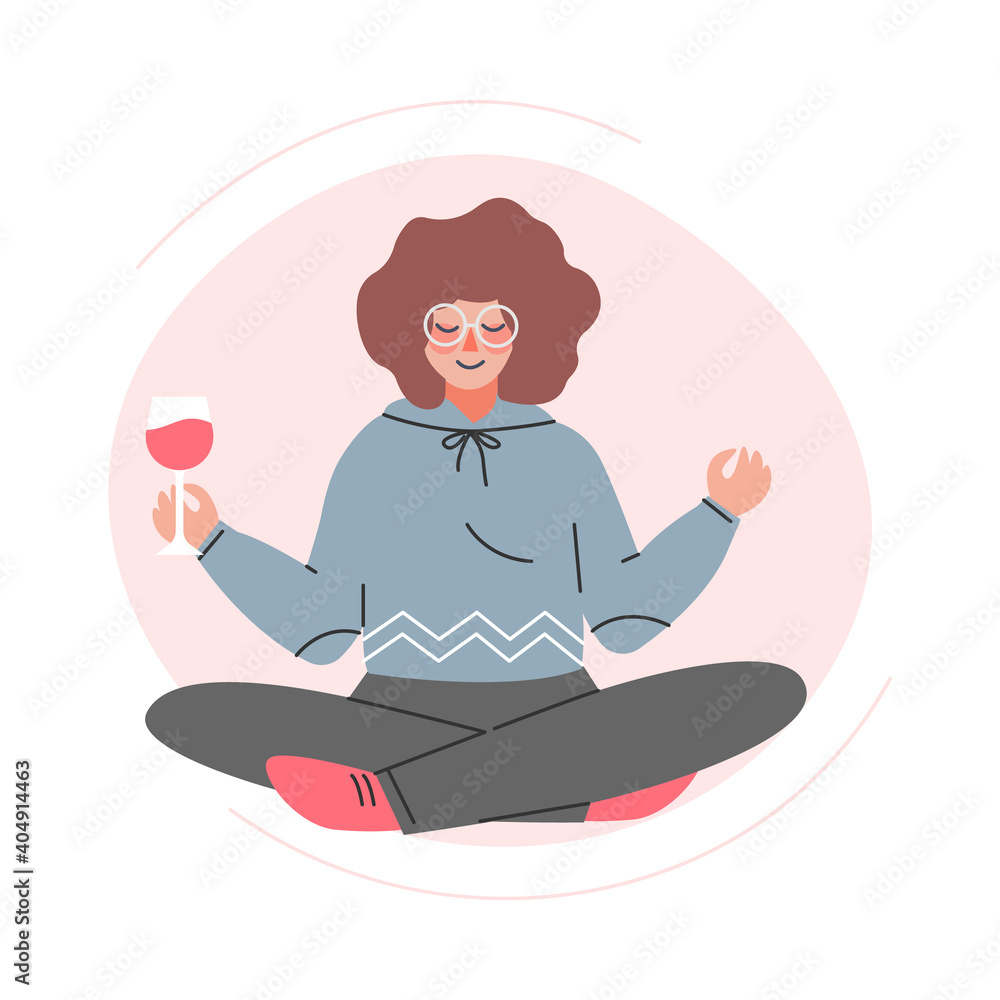 Sticker young woman practicing yoga and meditating with glass of red wine cartoon style vector illustration