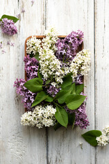 Lilac flowers lie on a wooden tray. White and lilac flowers. Light coloured background and minimalism