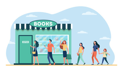 Smiling people standing in line to book store. Shop, study, novel flat vector illustration. Education and reading concept for banner, website design or landing web page