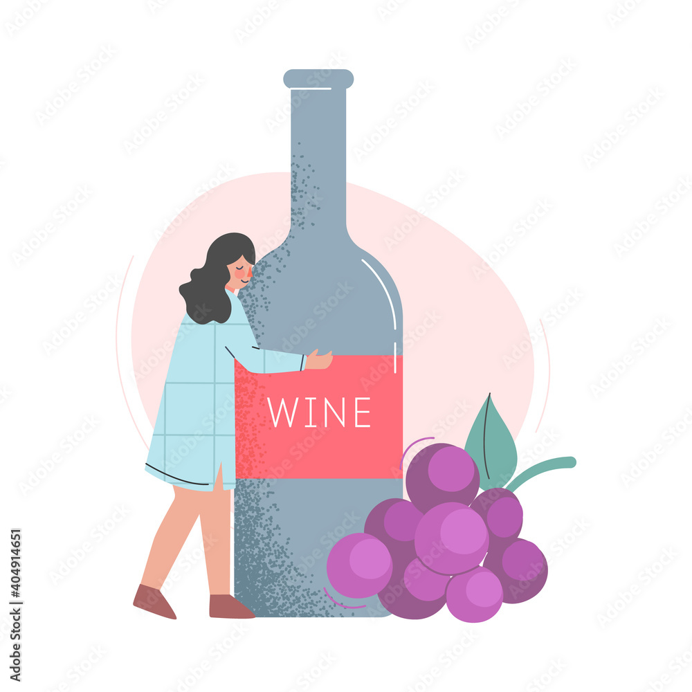 Sticker Drunk Woman Hugging Huge Bottle of Wine Cartoon Style Vector Illustration