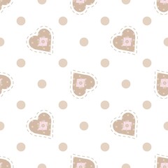 Pastel color geometric seamless vector patterns. Pink polka dots, beige hearts on a white background. Simple print for little girls: fabric, wrapping paper, notepad, background, cover,  textiles,etс