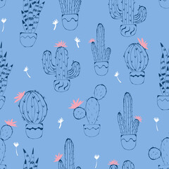 Naklejka premium Cactus seamless pattern. Hand drawn cactus lineart. Home plants succulents blue pattern, pink flower. Doodle with cute cactus, floral seamless pattern.