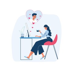 Vector cartoon flat lover characters couple.Young people in love chat,communicate online,think of each other-saint Valentine Day postcard,greeting card design,web online banner decor,social concept