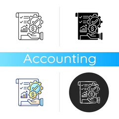Management accounting icon. Process of preparing reports about business operations that help managers make decisions. Linear black and RGB color styles. Isolated vector illustrations