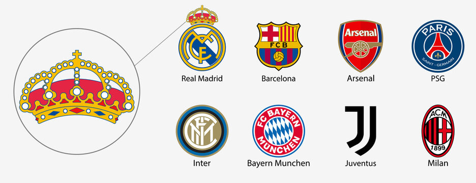 Football club logo. Real Madrid, Barcelona, Arsenal, PSG, Inter, Bayern Munchen, Juventus, Milan. Top famous clubs. Editorial vector icons. Rivne, Ukraine - January 12, 2021.