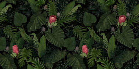 Panele Szklane  Tropikalny egzotyczny wzór z kwiatami protea w tropikalnych liściach. Ręcznie rysowane ilustracja 3d. Dobry do projektowania tapet, drukowania tkanin, papieru do pakowania, tkanin, okładek notebooków.