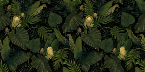 Tropical exotic seamless pattern with protea flowers in tropical leaves. Hand-drawn vintage illustration. Good for design wallpapers, fabric printing, wrapping paper, cloth, notebook covers.