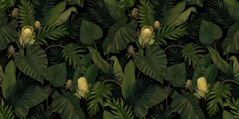 Foto op Plexiglas Tropisch exotisch naadloos patroon met proteabloemen in tropische bladeren. Handgetekende vintage illustratie. Goed voor designbehang, textielbedrukking, inpakpapier, stof, notebookomslagen. © Polina