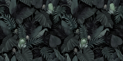 Botanical pattern. Rainforest with protea flowers, palm leaves, monstera, colocasia, banana. Hand drawing for design of fabric, paper, wallpaper, notebook covers