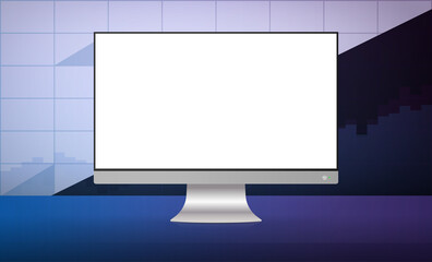 Monitor with a white screen on the background of financial charts. The concept of analytics, business or trading on the financial exchange. Vector illustration.