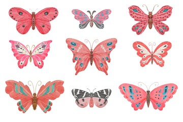 Fototapeta na wymiar Set of watercolor pink and red butterflies