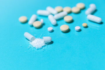 close up. various tablets on the table.