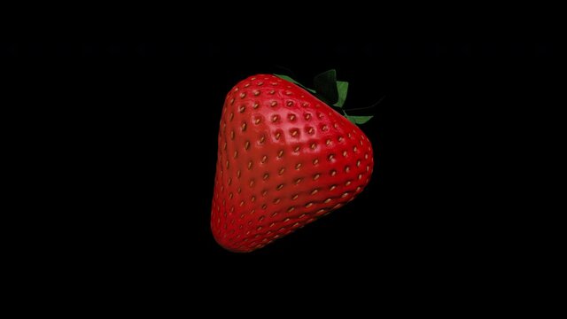 3ps of movement. strawberry berry spin around itself animation. Turns into a tomato. The tomato is spinning. red. On a black background.