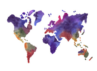 
Watercolor illustration of the continent.
World map. Purple.
Pink.