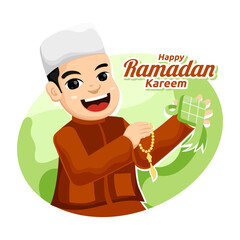 Cartoon flat illustration of Islamic people are happy with Ramadan Kareem holy month