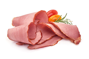 Smoked meat slices, isolated on white background