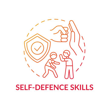 Self-defense skills red gradient concept icon. Practice fighting. Martial art classes. Protection from assault. Child safety idea thin line illustration. Vector isolated outline RGB color drawing