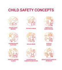 Fototapeta na wymiar Child safety red gradient concept icons set. Parental neglect. Domestic abuse. Children welfare. Kids protection idea thin line RGB color illustrations. Vector isolated outline drawings