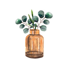 Watercolor composition of brown glass vase with eucalyptus branches and plant in it. For wedding decor, invitations, greeting cards, posters, prints, advent calendars, logo, scrapbooking or packaging