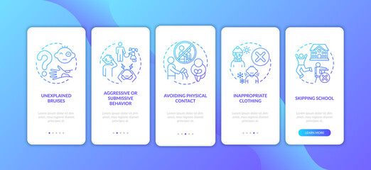 Signs of child abuse and neglect dark blue onboarding mobile app page screen with concepts. Kids harassment walkthrough 5 steps graphic instructions. UI vector template with RGB color illustrations