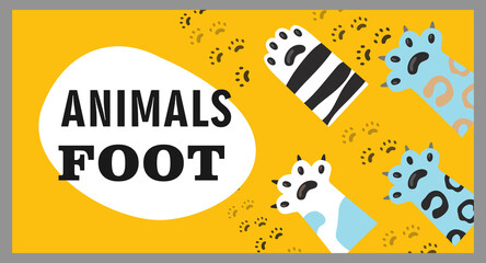 Cover design with animal foot. Cat paws, claws and footprints vector illustrations with text on yellow backgrounds. Veterinary, pet shop, shelter concept for poster, website or webpage background