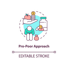 Pro poor approach concept icon. Health programs principles. Strengthening delivery and quality of health service idea thin line illustration. Vector isolated outline RGB color drawing. Editable stroke