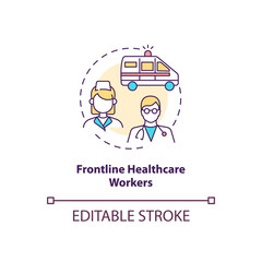 Frontline healthcare workers concept icon. Covid vaccination priority list. Proffesional medical staff. Clinic idea thin line illustration. Vector isolated outline RGB color drawing. Editable stroke