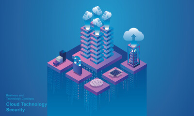 Computer technology server room digital device Isometric concept Cloud storage communication with the network Online devices uploads download information data in a database on cloud services  vector