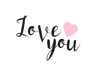Love you lettering text with heart.  I Love you lettering text with pink heart. 