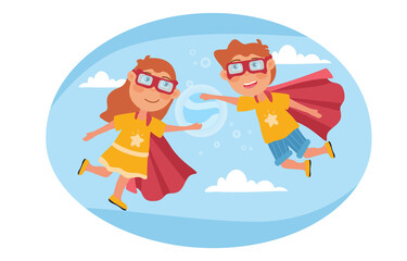 Two young kids pretending to be super heroes floating in the sky wearing red capes and goggles, colored cartoon vector illustration
