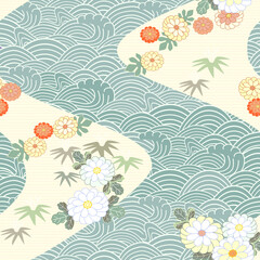 Japanese seamless pattern. Water, wave, current and chrysanthemum. Vector.