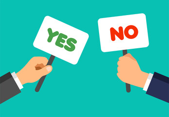 Businessman hands hold plaques with yes and no phrases. Votes concept. Disagree, agree, dislike, like, feedback. Vector illustration.