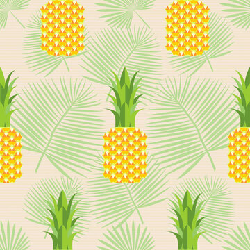 Exotic, tropical seamless pattern with palm branches, pineapples. Vector.
