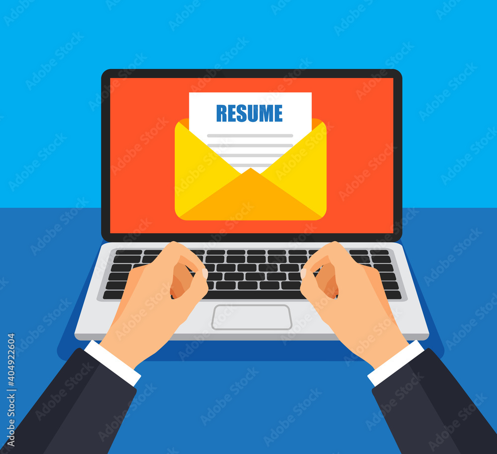 Aufkleber businessman send resume file on e-mail. envelope and document on a screen. getting or send new mail.