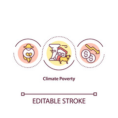 Climate poverty concept icon. Ecology problem idea thin line illustration. Climate change effect Vector isolated outline RGB color drawing. Global warming. Environmental solution. Editable stroke