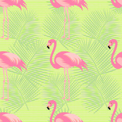 Exotic, tropical seamless pattern with pink flamingos, hibiscus, palm leaves, pineapple. Vector.