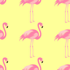 Exotic, tropical seamless pattern with pink flamingos, hibiscus, palm leaves, pineapple. Vector.