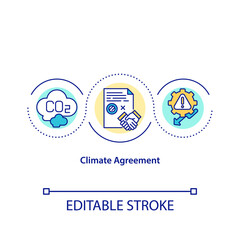 Climate agreement concept icon. Global warming impact idea thin line illustration. Climate justice problem. Vector isolated outline RGB color drawing. Climate change policy. Editable stroke