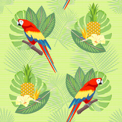 Tropical, exotic, Hawaiian floral seamless pattern with Ara Macao Parrot and with palm leaves, flowers . Vector.