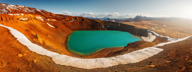 Majestic Viti crater in Krafla volcanic area, Iceland. Tipical Icelandic nature landscape. Great view on azure lake in Viti crater. Iceland the country of many volkans, and Glaciers. - obrazy, fototapety, plakaty