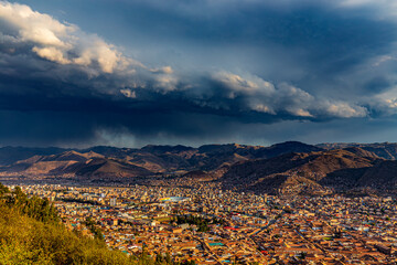 Peru. Cusco, historic city of the Inca Empire - aerial view from Pukamuqu mountain (Cristo Blanco...