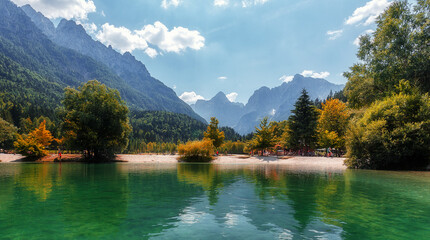 Awesome alpine highlands in sunny day. Amazing Mountain lake in Slovenia in sunny day. Famous Jasna...