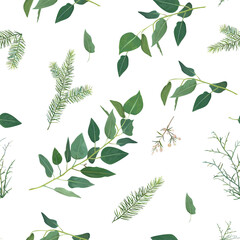 Materiał do szycia Tender, vector winter Christmas spruce tree branches, eucalyptus greenery leaves, green foliage, herbs seamless pattern. Rustic forest natural watercolor textile fabric, wallpaper, texture, background